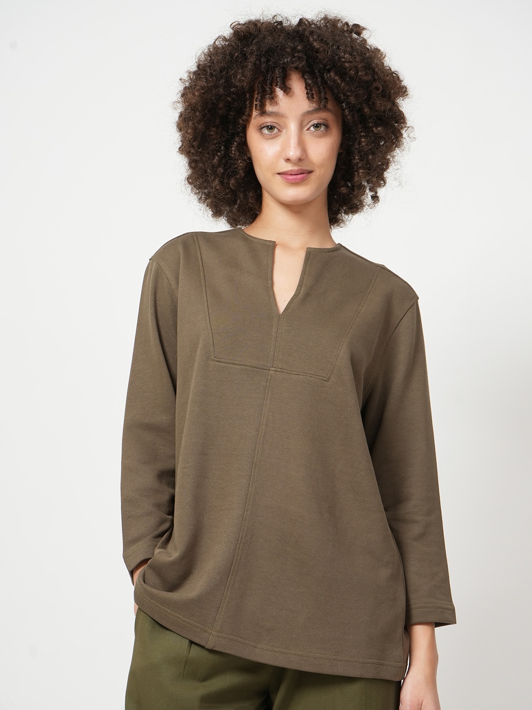 

Saltpetre Women Olive Green V-Neck Organic Cotton Boxy T-shirt