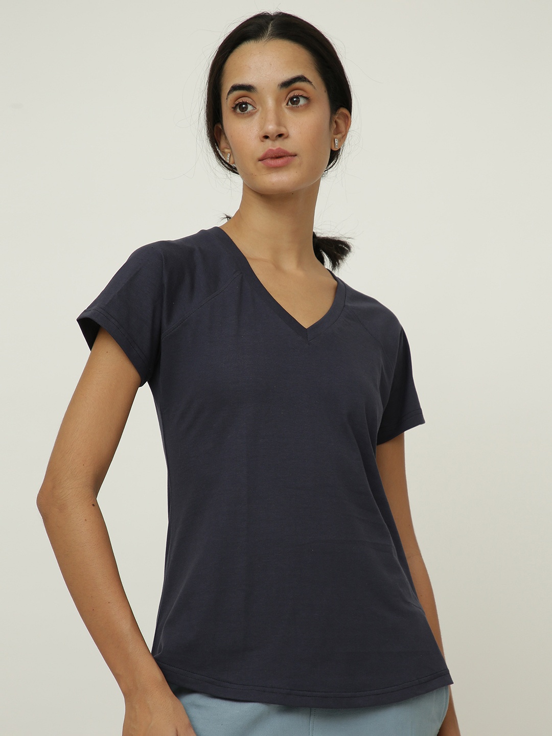 

Saltpetre Women Navy Blue V-Neck Organic Cotton T-shirt