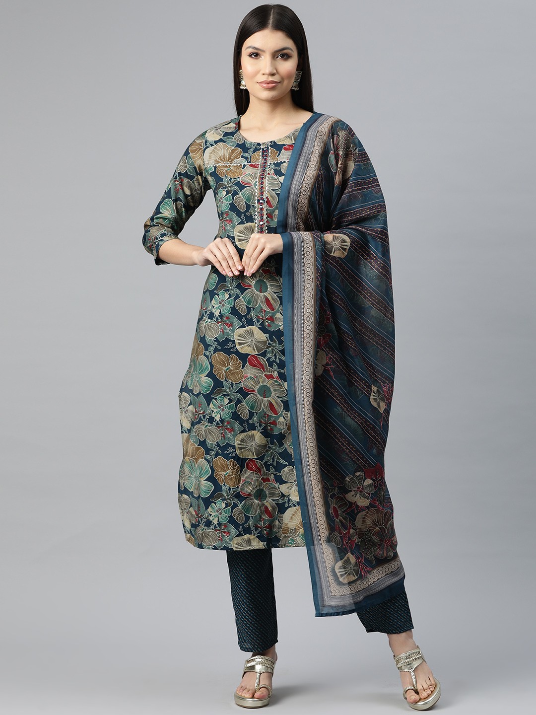

Readiprint Fashions Women Floral Print Gotta Patti Pure Silk Kurta with Trousers & Dupatta, Teal