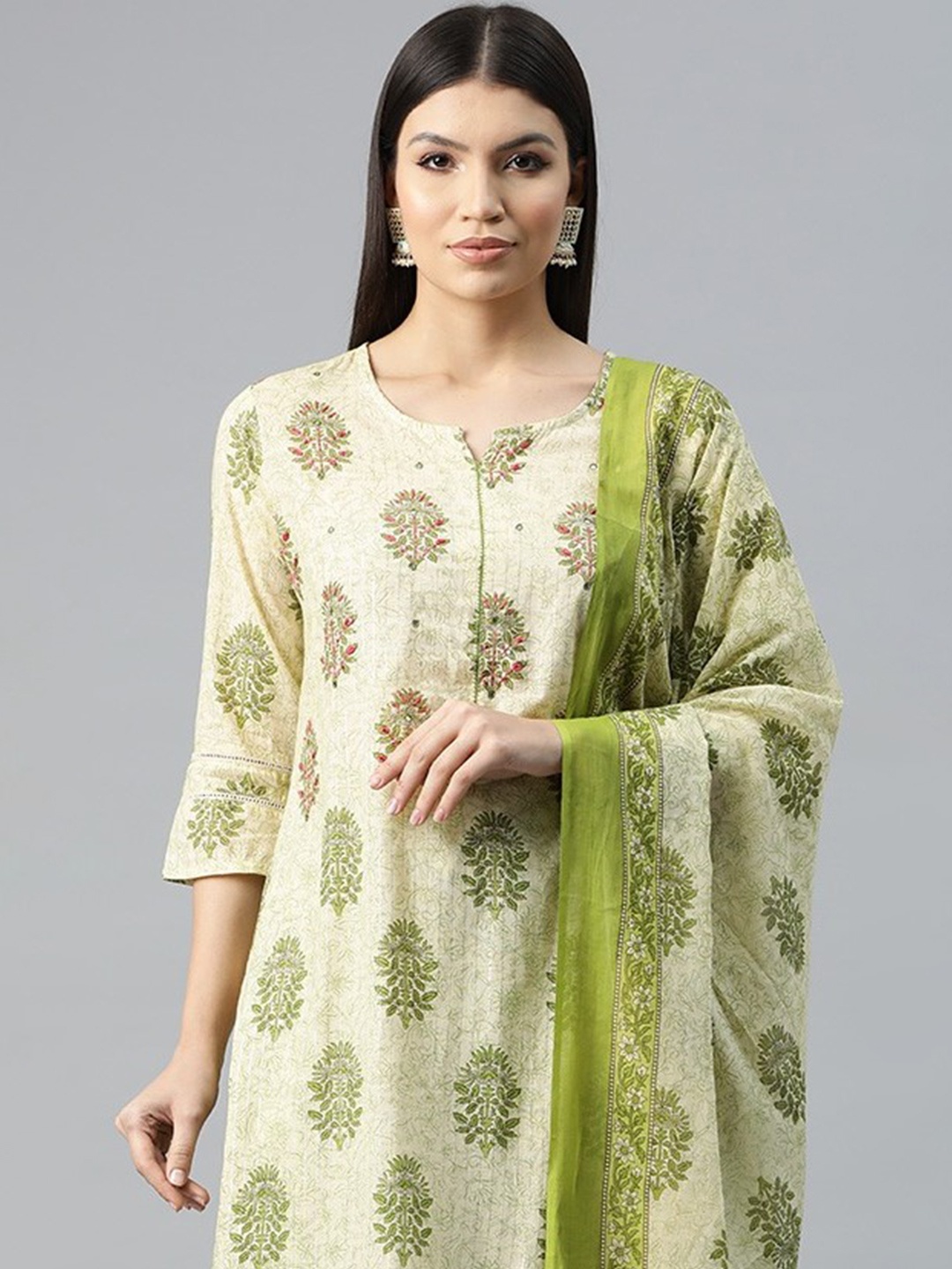 

Readiprint Women Floral Print Thread Work Cotton Kurta with Trousers & Dupatta, Green