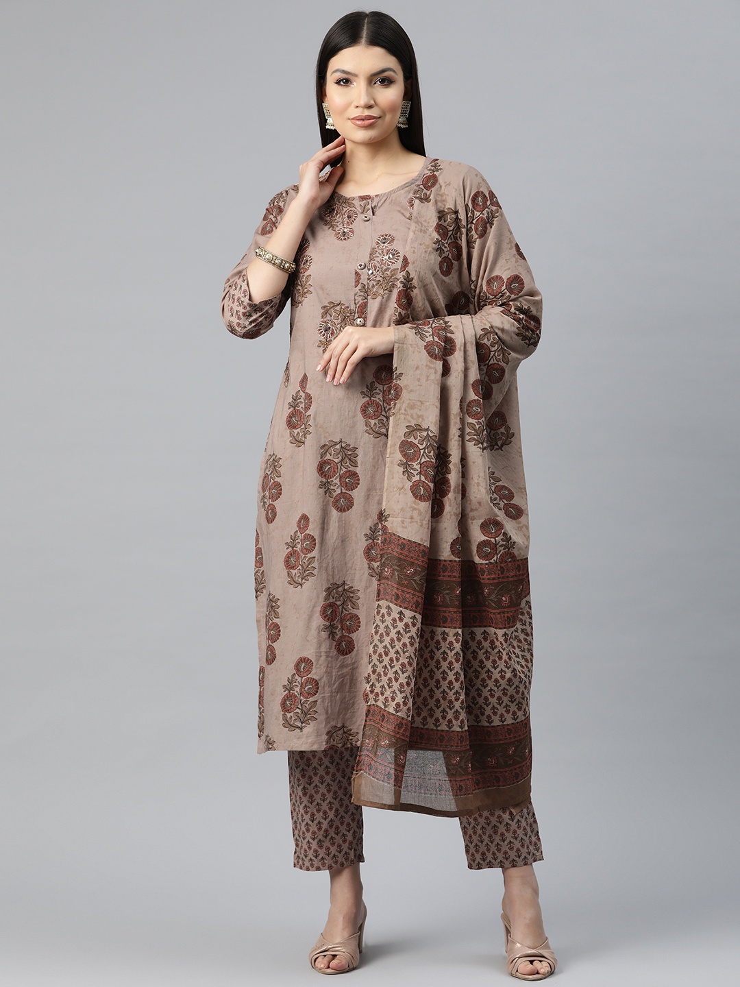 

Readiprint Women Floral Print Pure Cotton Kurta with Trousers & Dupatta, Brown