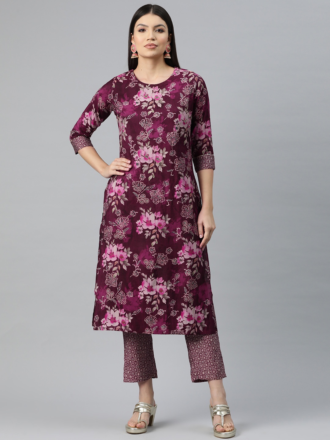 

Readiprint Women Floral Print Pure Silk Kurta with Trousers, Burgundy