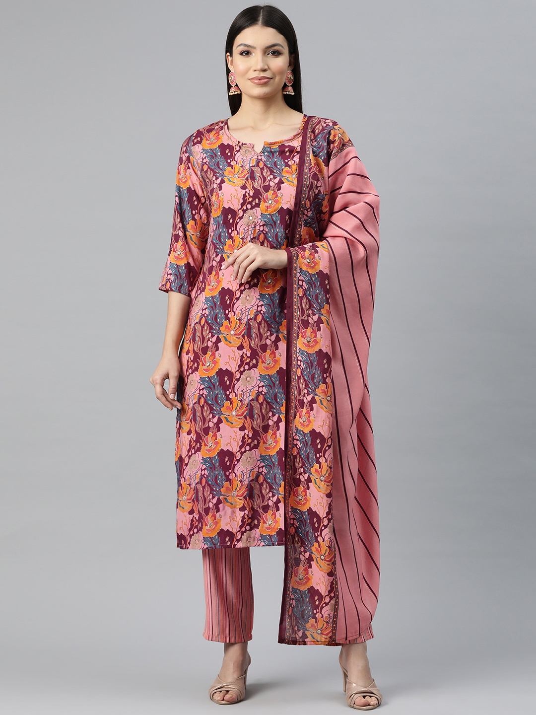 

Readiprint Women Floral Print Pure Silk Kurta with Trousers & Dupatta, Burgundy