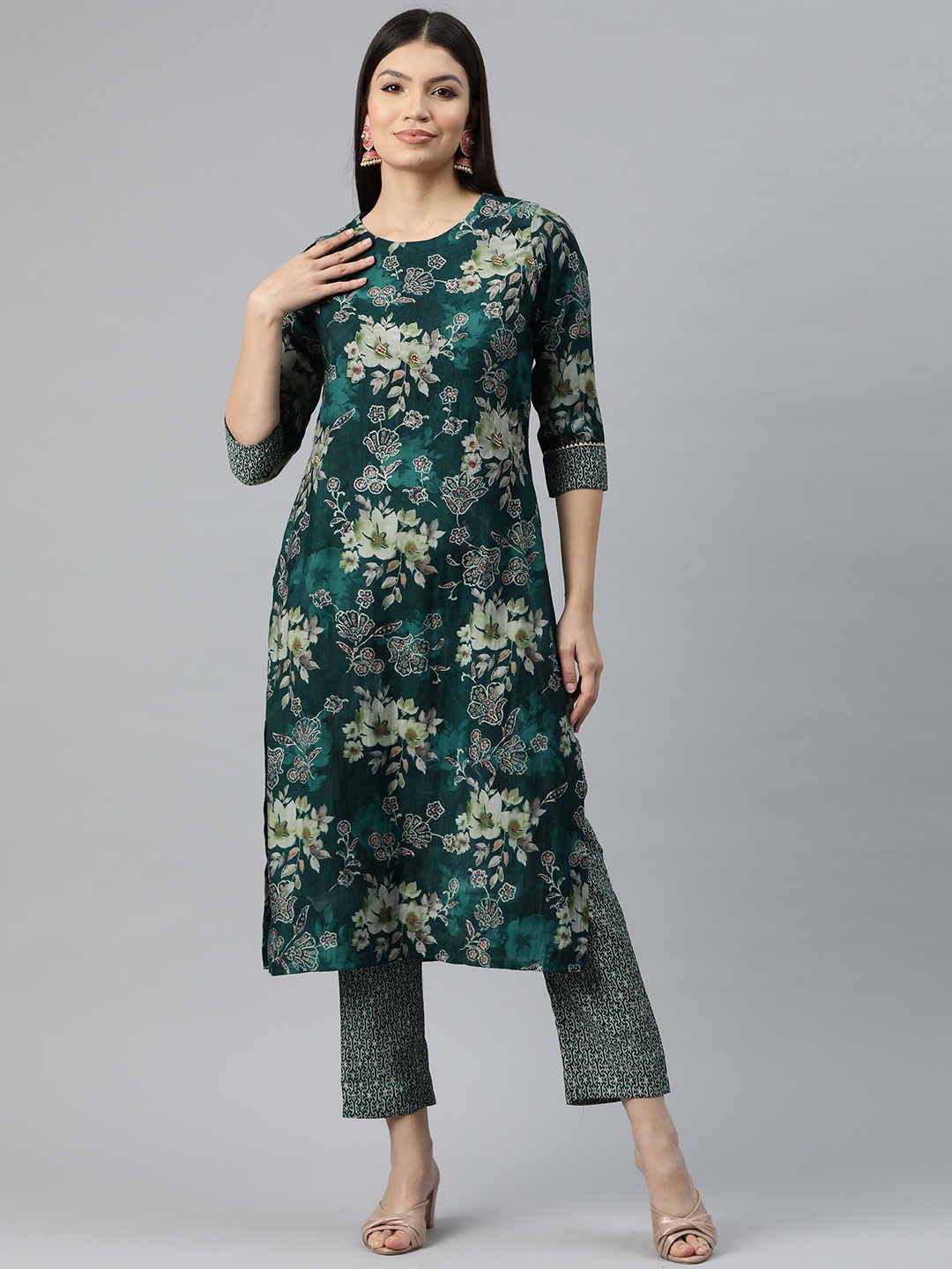 

Readiprint Women Floral Print Pure Silk Kurta with Trousers, Teal