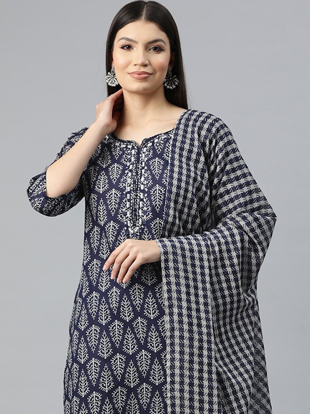 

Readiprint Women Ethnic Motifs Print Thread Work Cotton Kurta Trousers & Dupatta, Navy blue