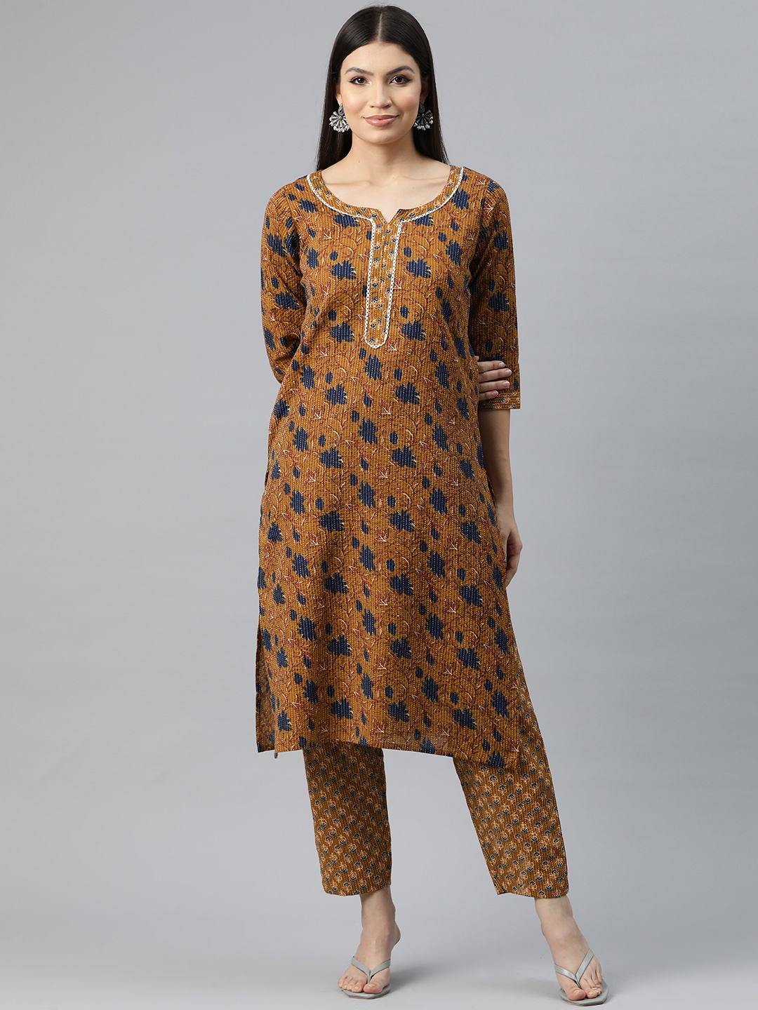 

Readiprint Women Floral Print Thread Work Pure Cotton Kurta with Trousers, Brown
