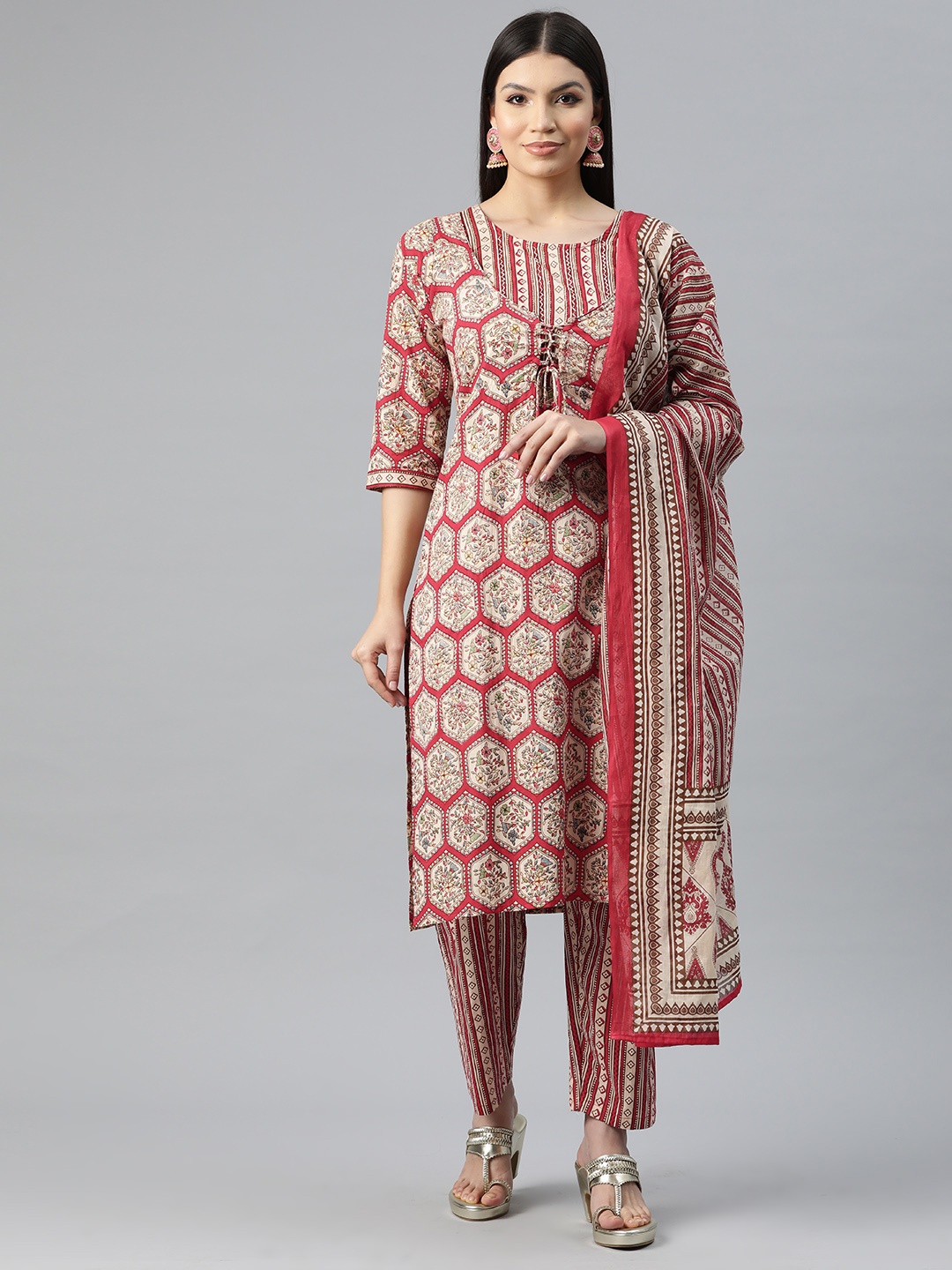 

Readiprint Fashions Women Ethnic Motifs Print Pure Cotton Kurta with Trousers & Dupatta, Red