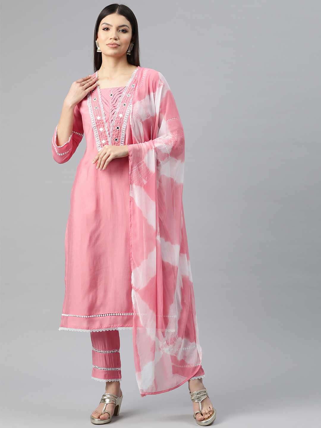 

Readiprint Fashions Women Embroidered Mirror Work Pure Silk Kurta with Trousers & Dupatta, Pink