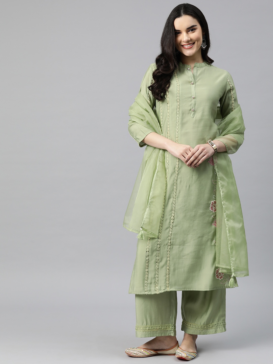

Readiprint Fashions Women Embroidered Pure Silk Kurta with Palazzos & With Dupatta, Olive