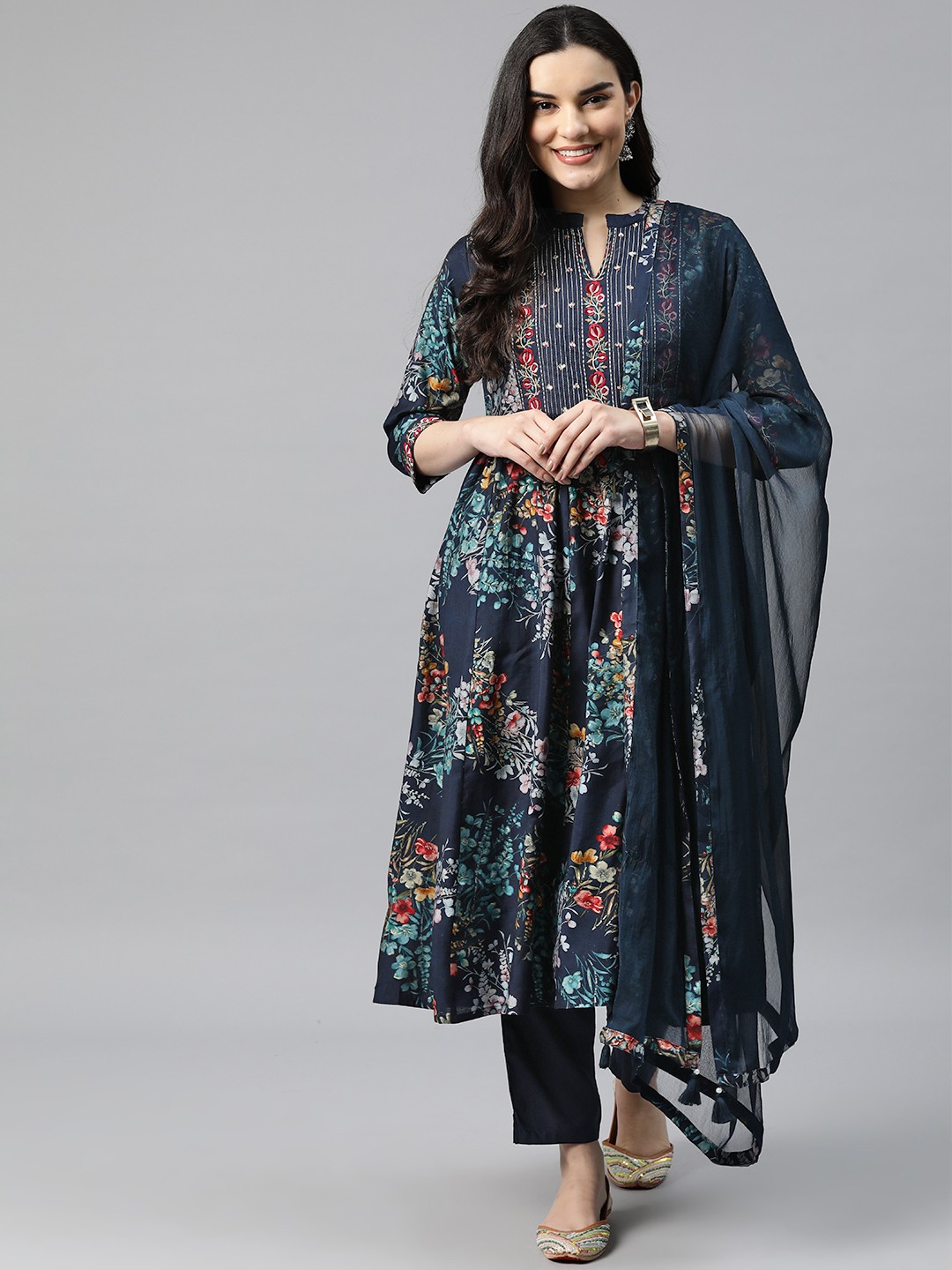 Readiprint Fashions Women Embroidered Thread Work Kurta with Palazzos & With Dupatta, Navy blue