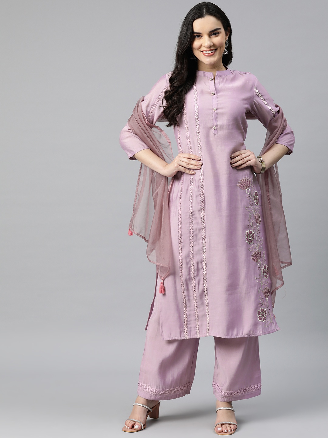 

Readiprint Fashions Women Embroidered Pure Silk Kurta with Palazzos & With Dupatta, Mauve