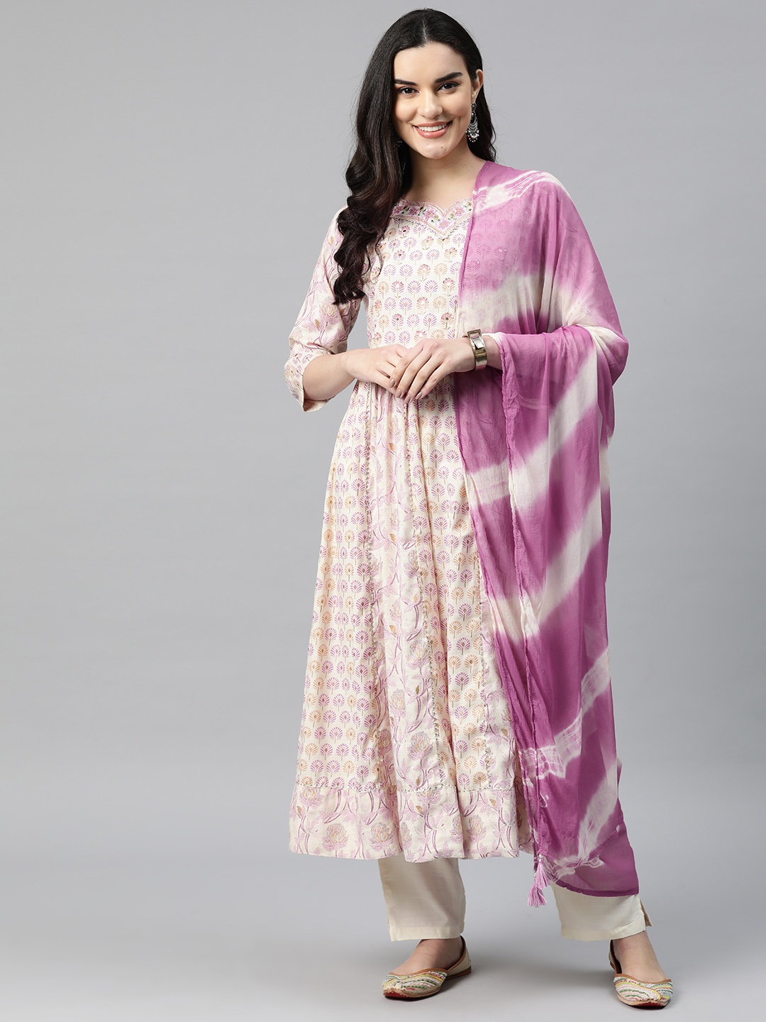 Readiprint Fashions Women Embroidered Mirror Work Kurta with Palazzos & With Dupatta, Pink