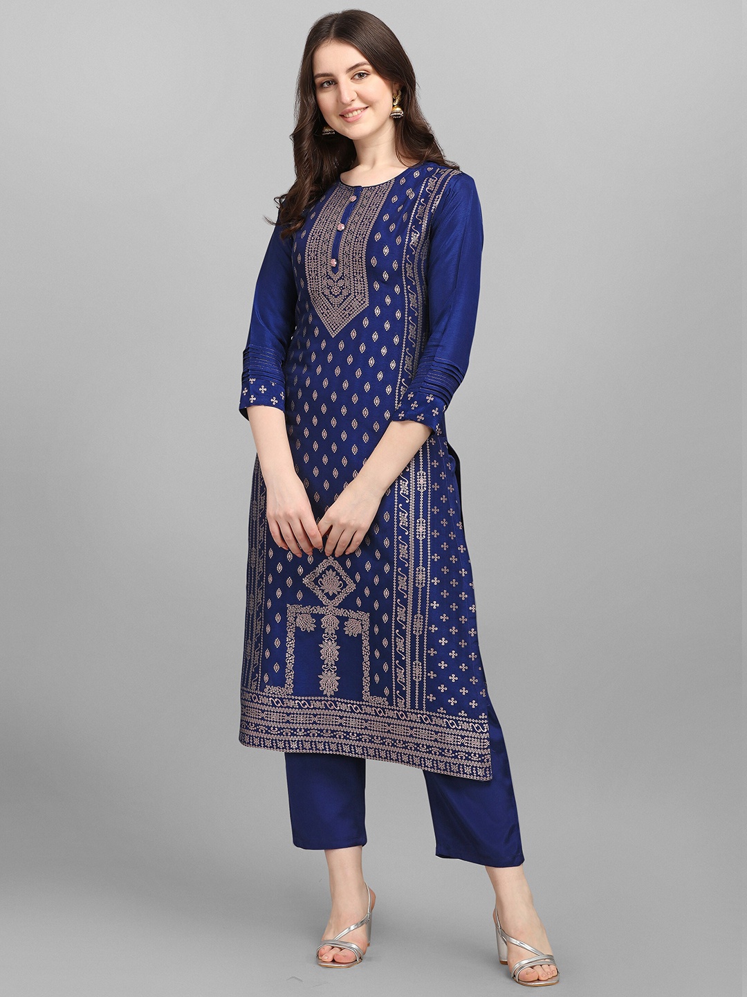 

Seerat Ethnic Motifs Printed Jacquard Bandhani Kurti With Trousers, Blue