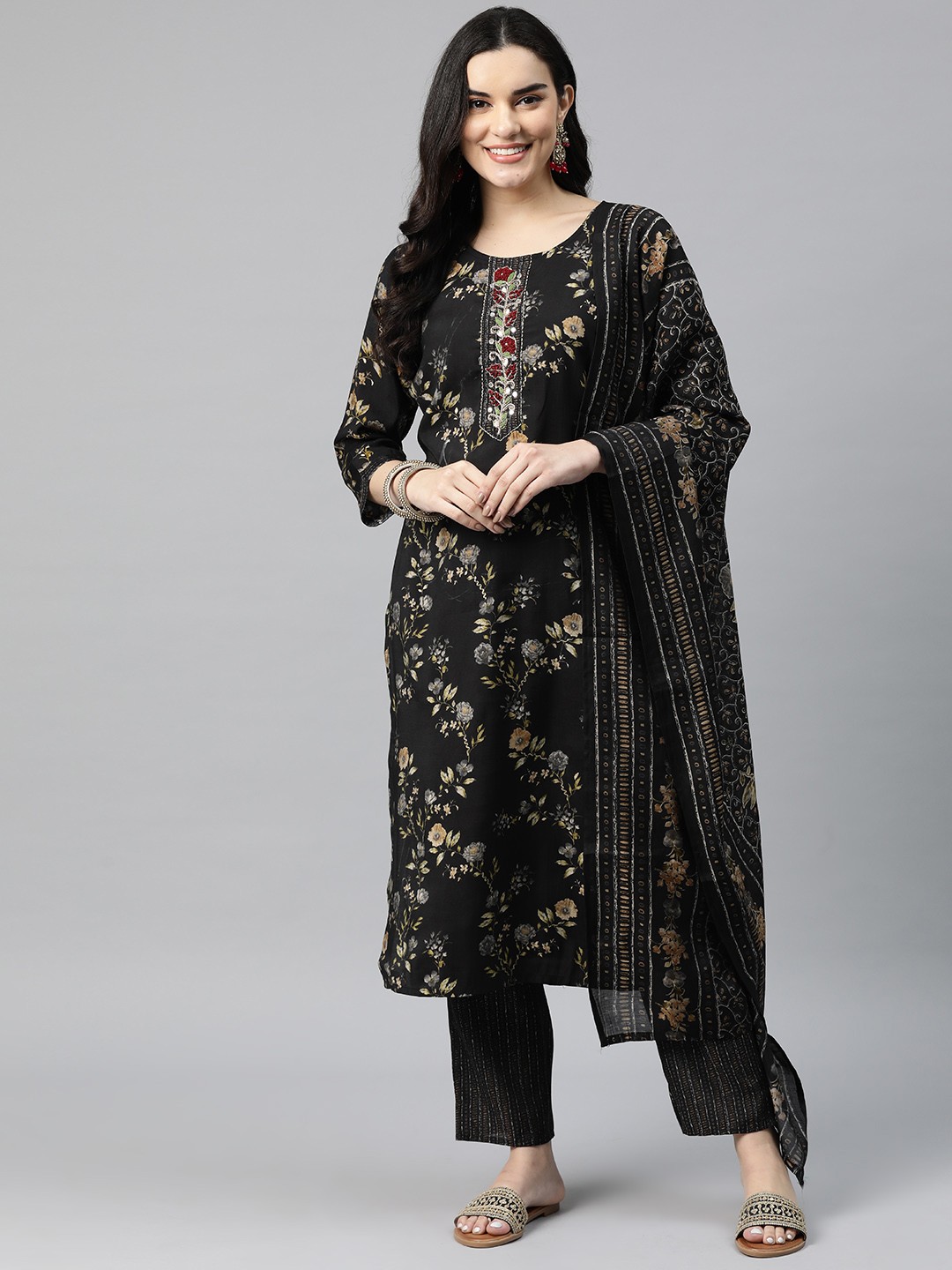 

Readiprint Women Printed Zardozi Pure Silk Kurta with Palazzos & With Dupatta, Black