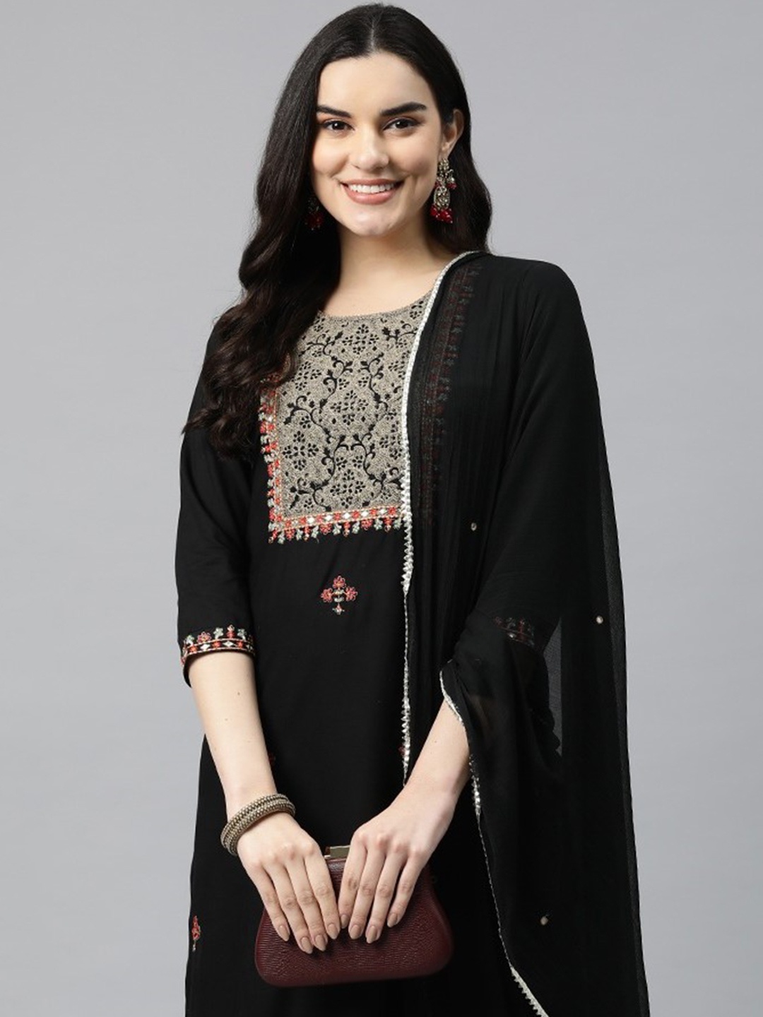 

Readiprint Fashions Women Ethnic Motifs Embroidered Kurta with Palazzos & With Dupatta, Black