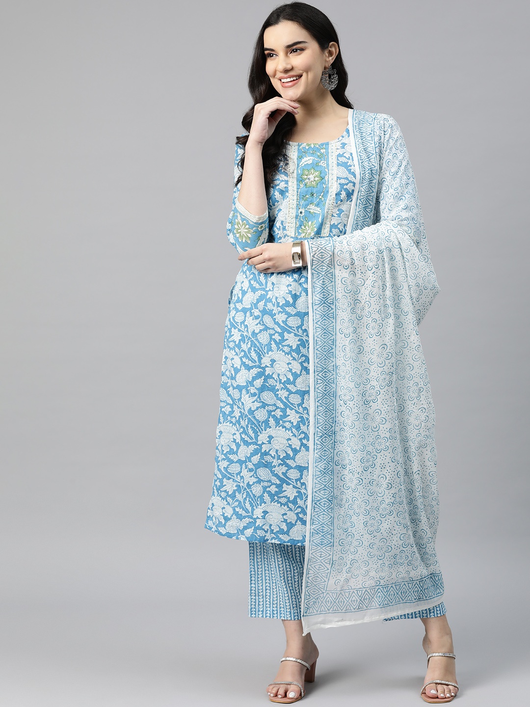 

Readiprint Fashions Women Printed Sequinned Pure Cotton Kurta with Palazzos & With Dupatta, Blue