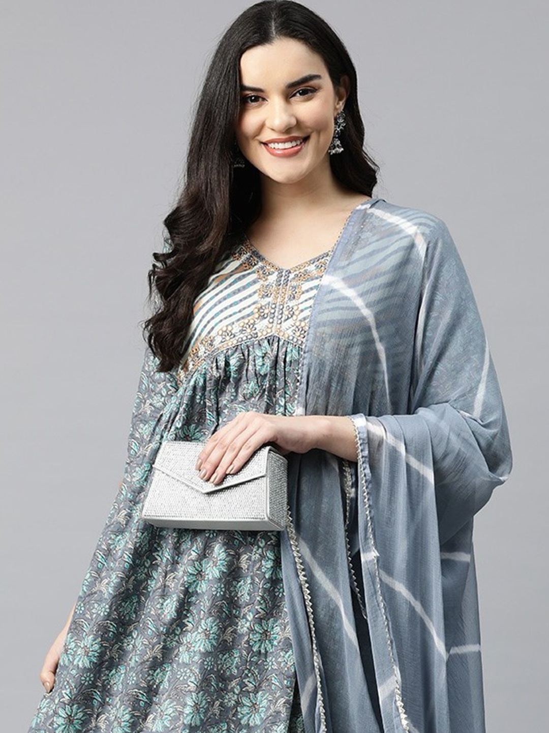 

Readiprint Women Printed Thread Work Cotton Kurta with Palazzos & With Dupatta, Grey