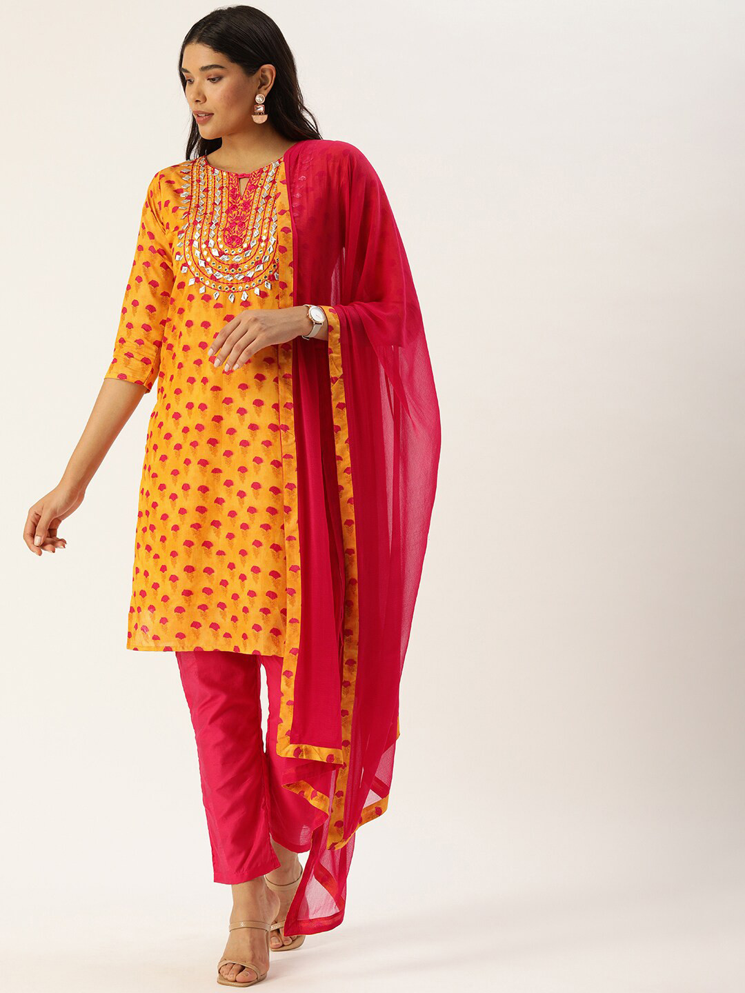 

SWAGG INDIA Embroidered Regular Gotta Patti Chanderi Silk Kurta with Trousers & With, Mustard