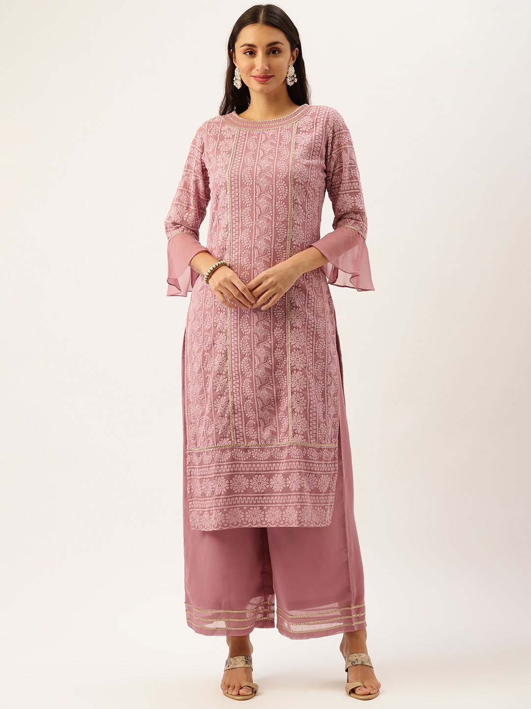 

SWAGG INDIA Ethnic Motifs Embroidered Regular Chikankari Kurta with Palazzos, Mauve