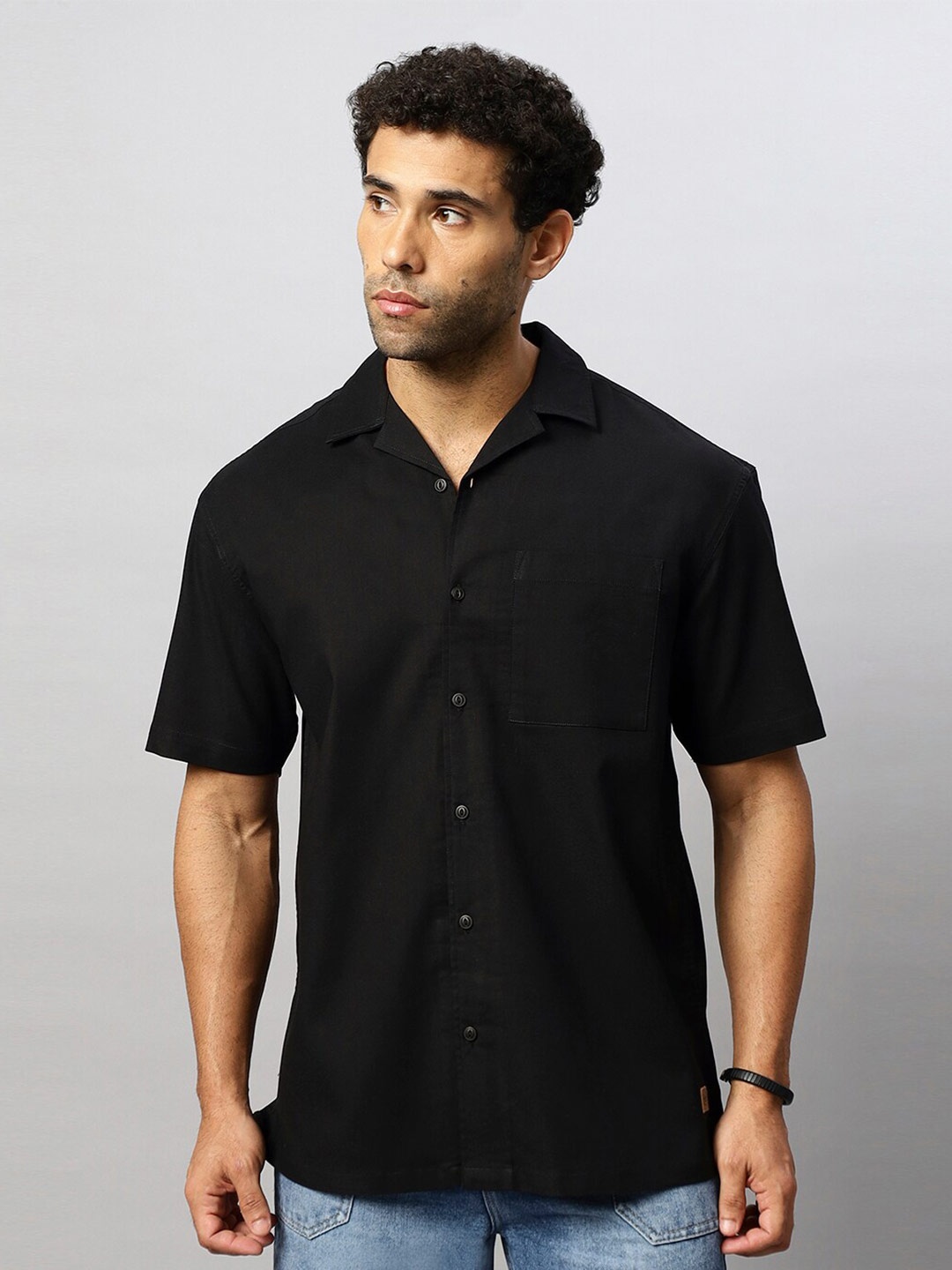 

The Roadster Lifestyle Co. Relaxed Fit Cuban Collar Casual Shirt, Black