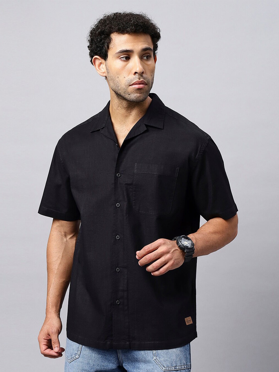 

The Roadster Lifestyle Co. Relaxed Fit Cuban Collar Pure Cotton Casual Shirt, Black