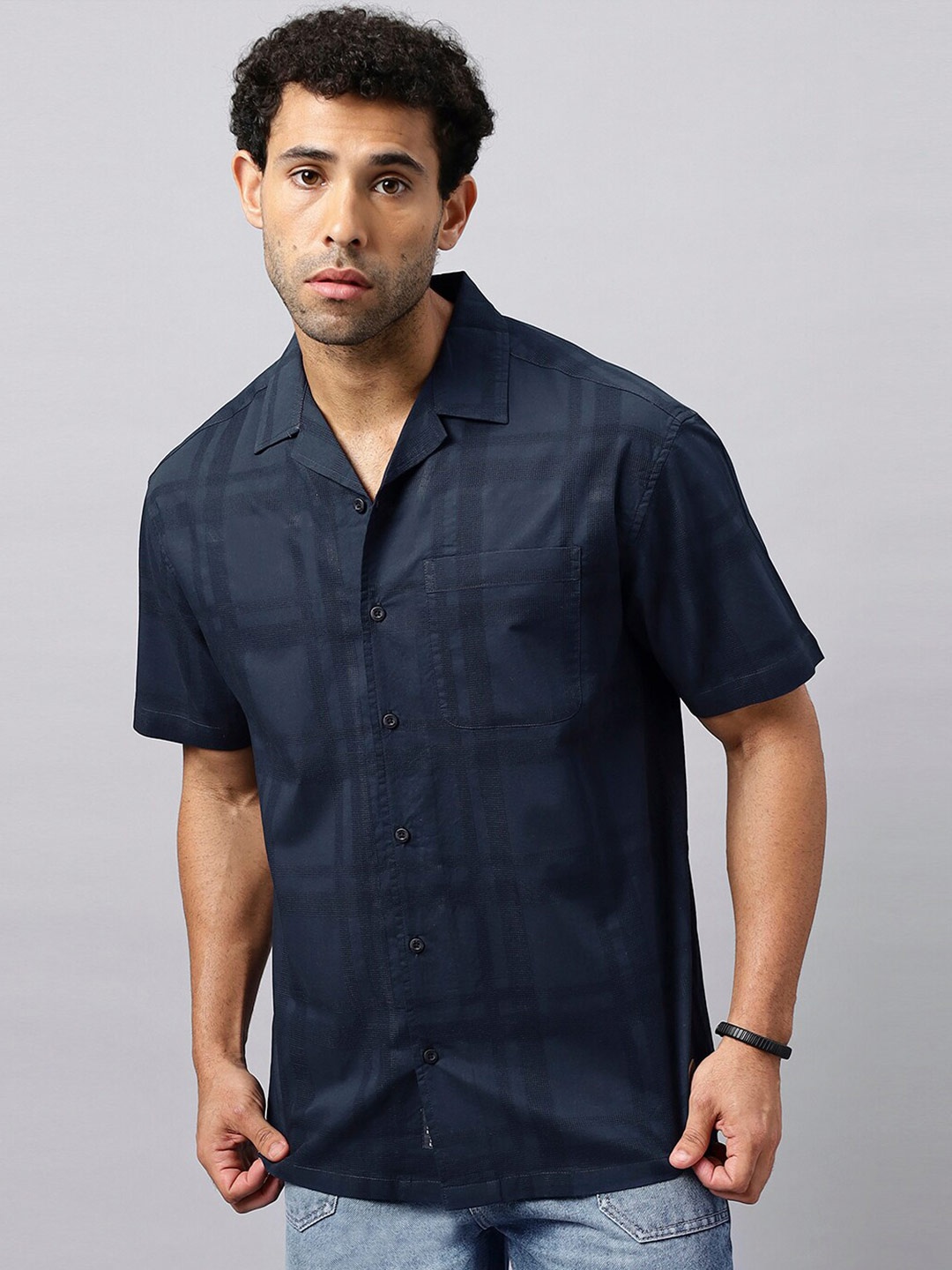 

The Roadster Lifestyle Co. Tartan Checks Relaxed Fit Cuban Collar Pure Cotton Casual Shirt, Blue