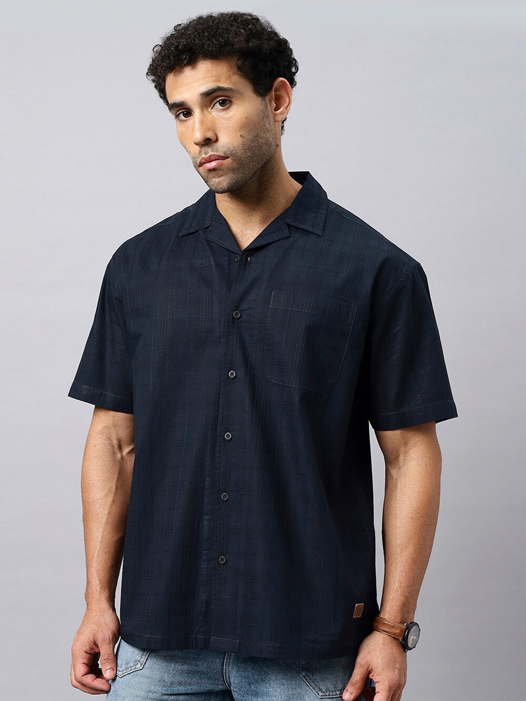 

The Roadster Lifestyle Co. Checked Relaxed Fit Cuban Collar Pure Cotton Casual Shirt, Navy blue