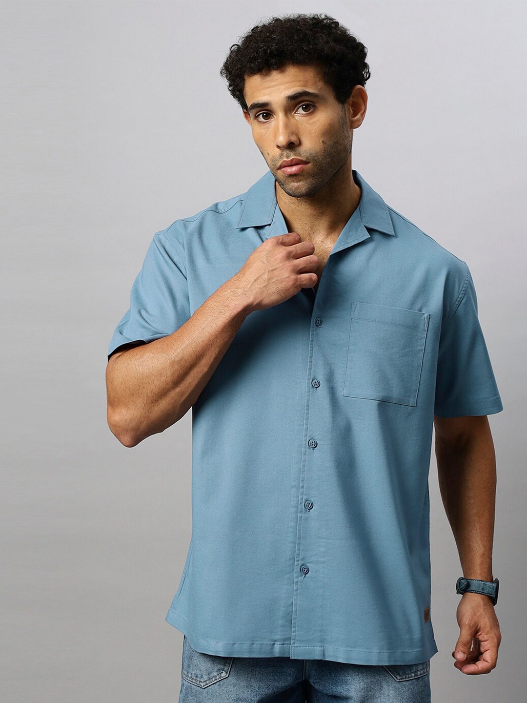 

The Roadster Lifestyle Co. Relaxed Fit Cuban Collar Casual Shirt, Blue