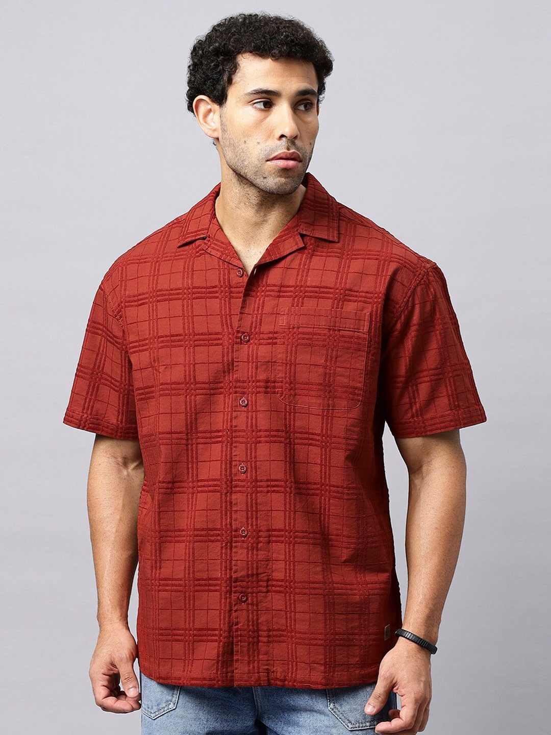 

The Roadster Lifestyle Co. Tartan Checks Relaxed Fit Cuban Collar Pure Cotton Casual Shirt, Rust