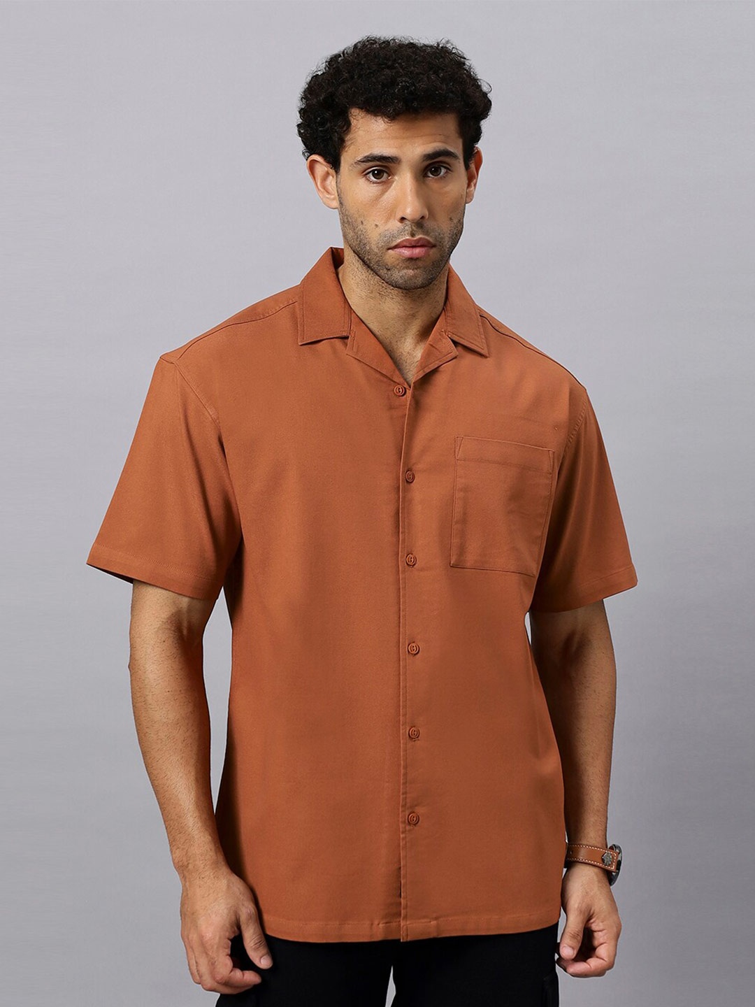 

The Roadster Lifestyle Co. Relaxed Fit Cuban Collar Casual Shirt, Orange