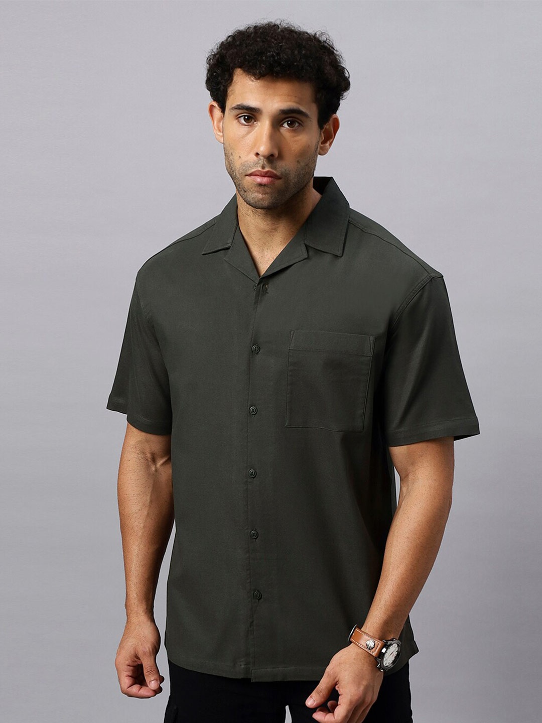 

The Roadster Lifestyle Co. Relaxed Fit Cuban Collar Casual Shirt, Olive
