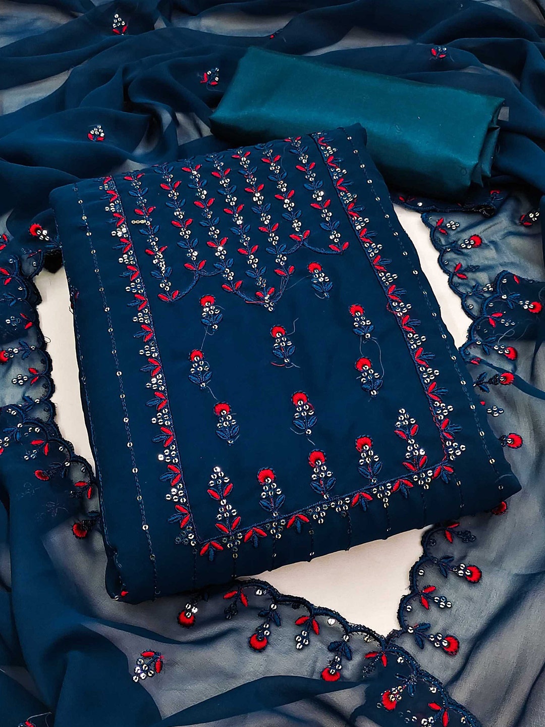 

KALINI Floral Embroidered Unstitched Dress Material, Teal