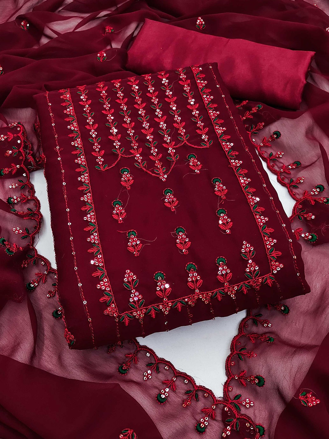 KALINI Floral Embroidered Unstitched Dress Material, Maroon