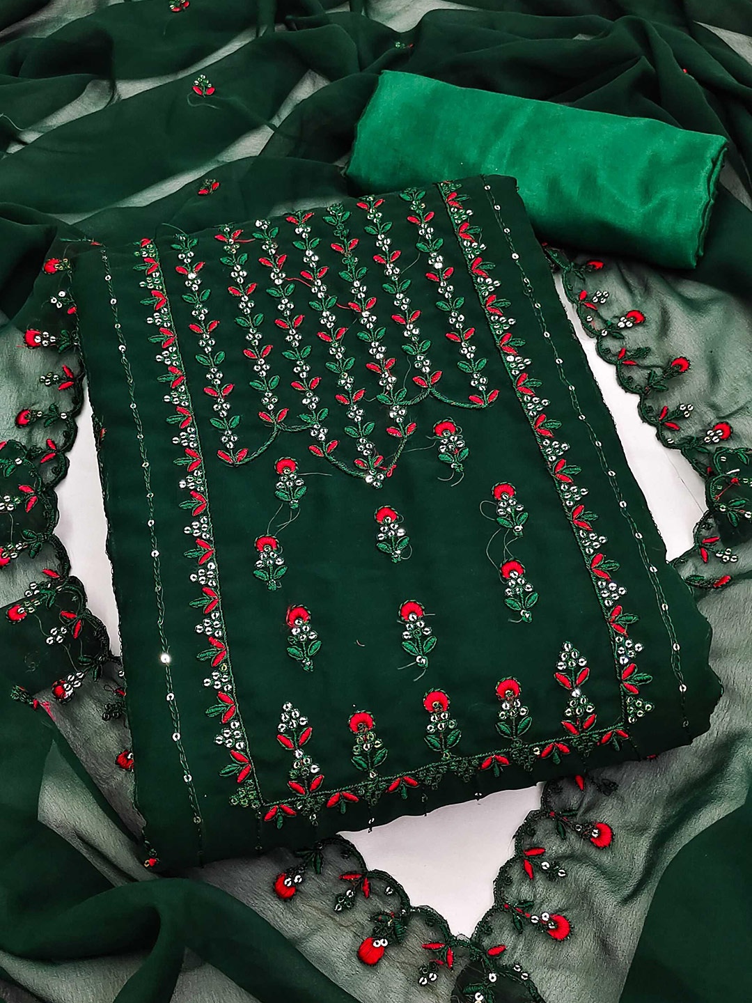 

KALINI Floral Embroidered Unstitched Dress Material, Green
