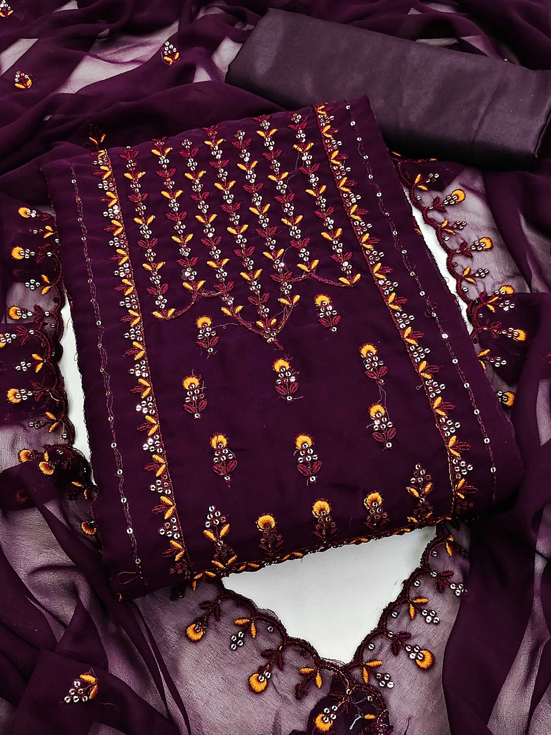 

KALINI Floral Embroidered Sequined Georgette Unstitched Dress Material, Purple