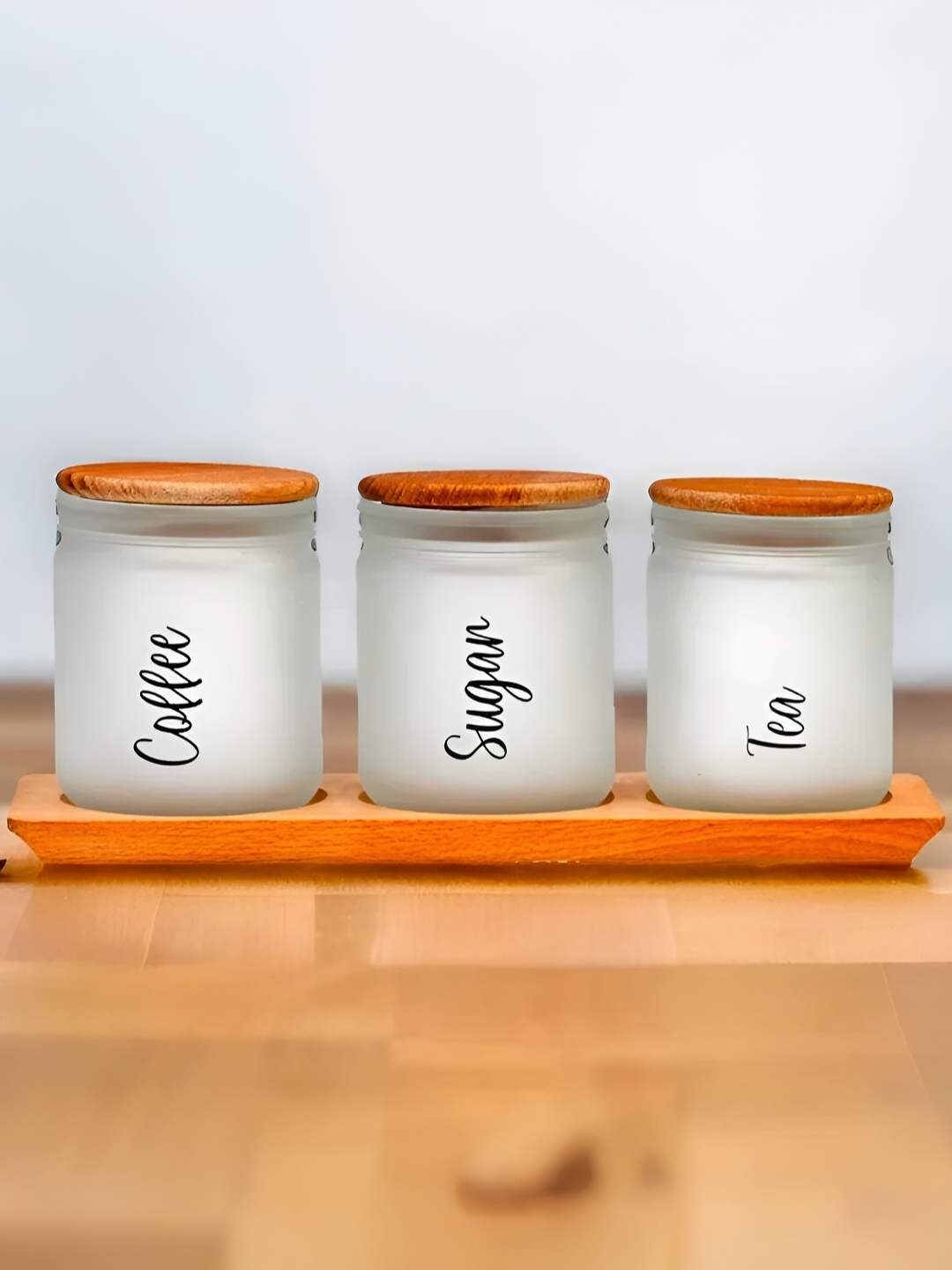 

Athome by Nilkamal White Brown 3 Pieces Printed Glass Canister With Base 446 Ml Each