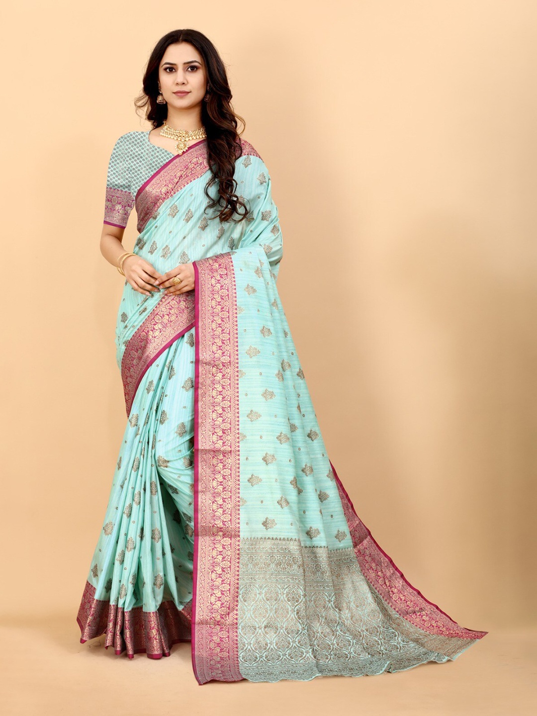 

bansari textiles Ethnic Motifs Woven Design Zari Banarasi Saree, Turquoise blue