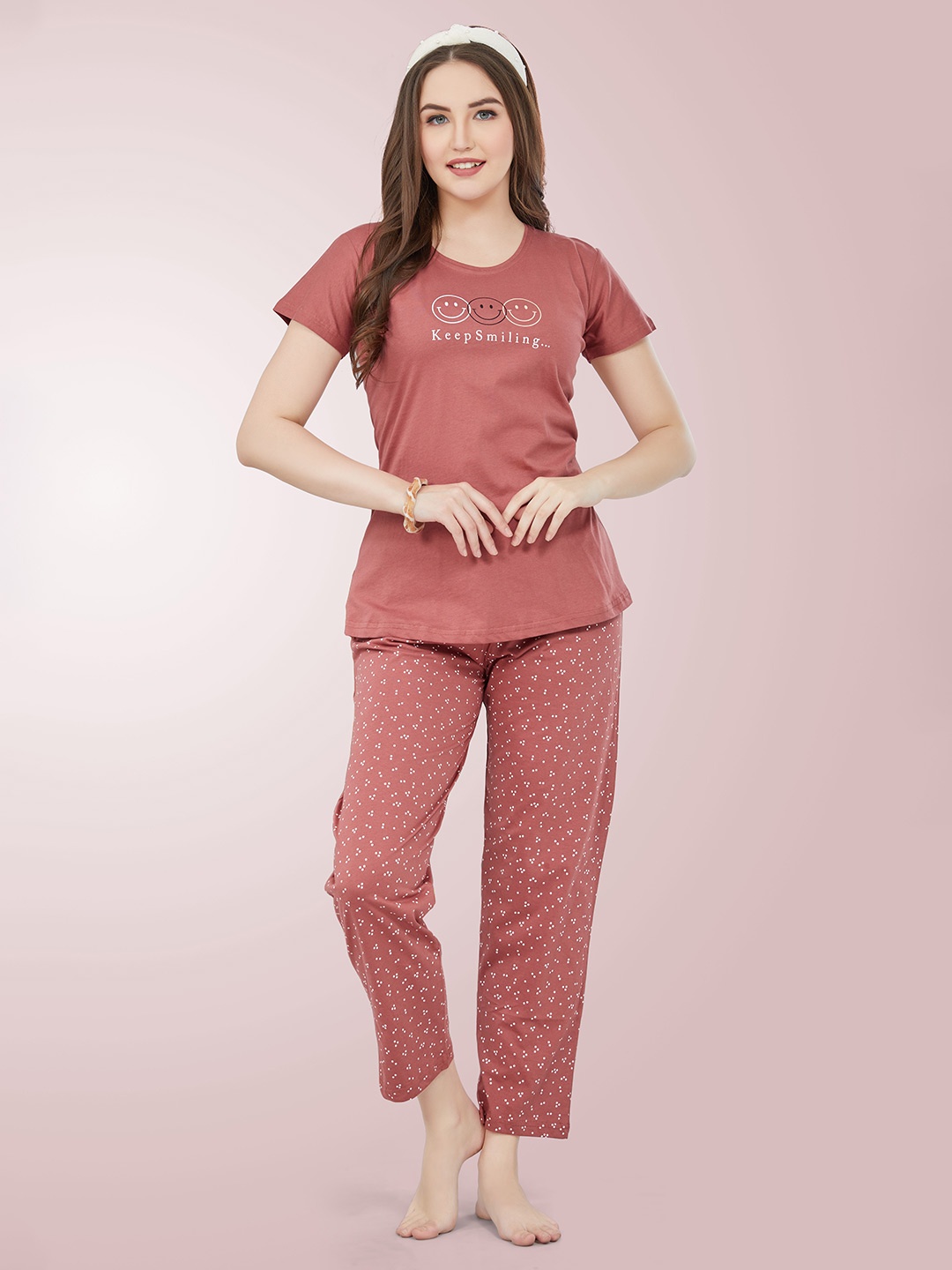 

Munir Printed Pure Cotton T-shirt With Pyjama, Brown