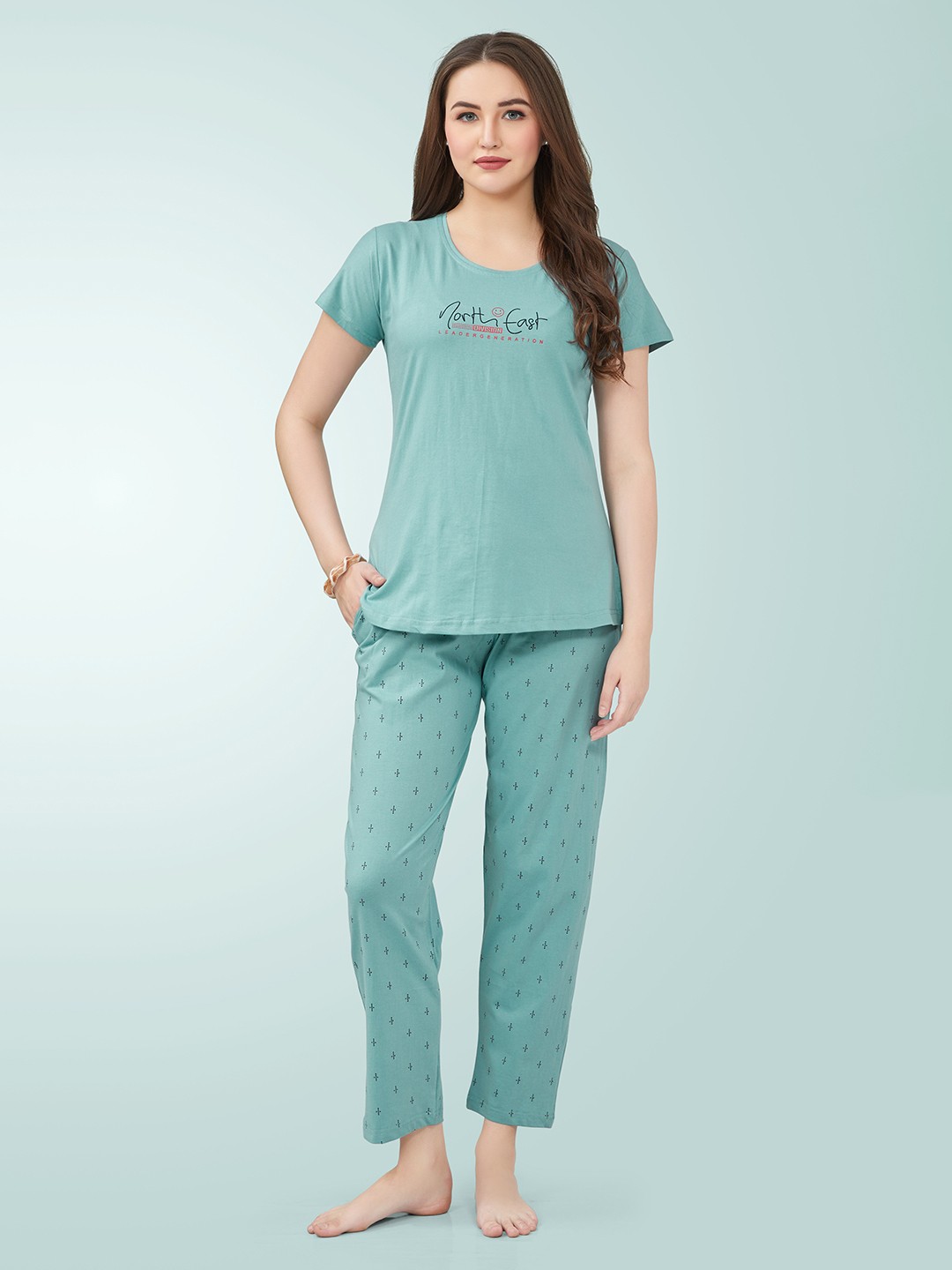 

Munir Printed Pure Cotton T-shirt With Pyjama, Green