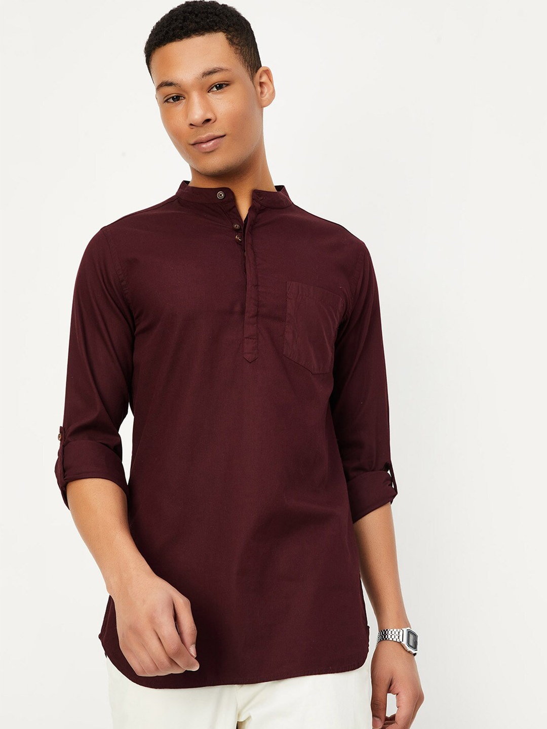 

max Mandarin Collar Curved Hem Regular Cotton Straight Kurta, Maroon
