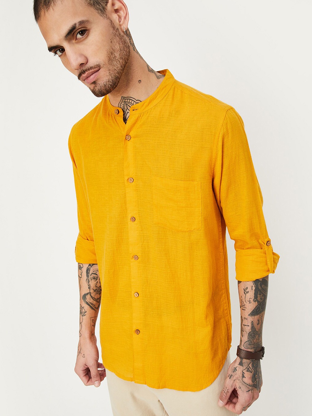 

max Mandarin Collar Curved Hem Regular Cotton Straight Kurta, Yellow