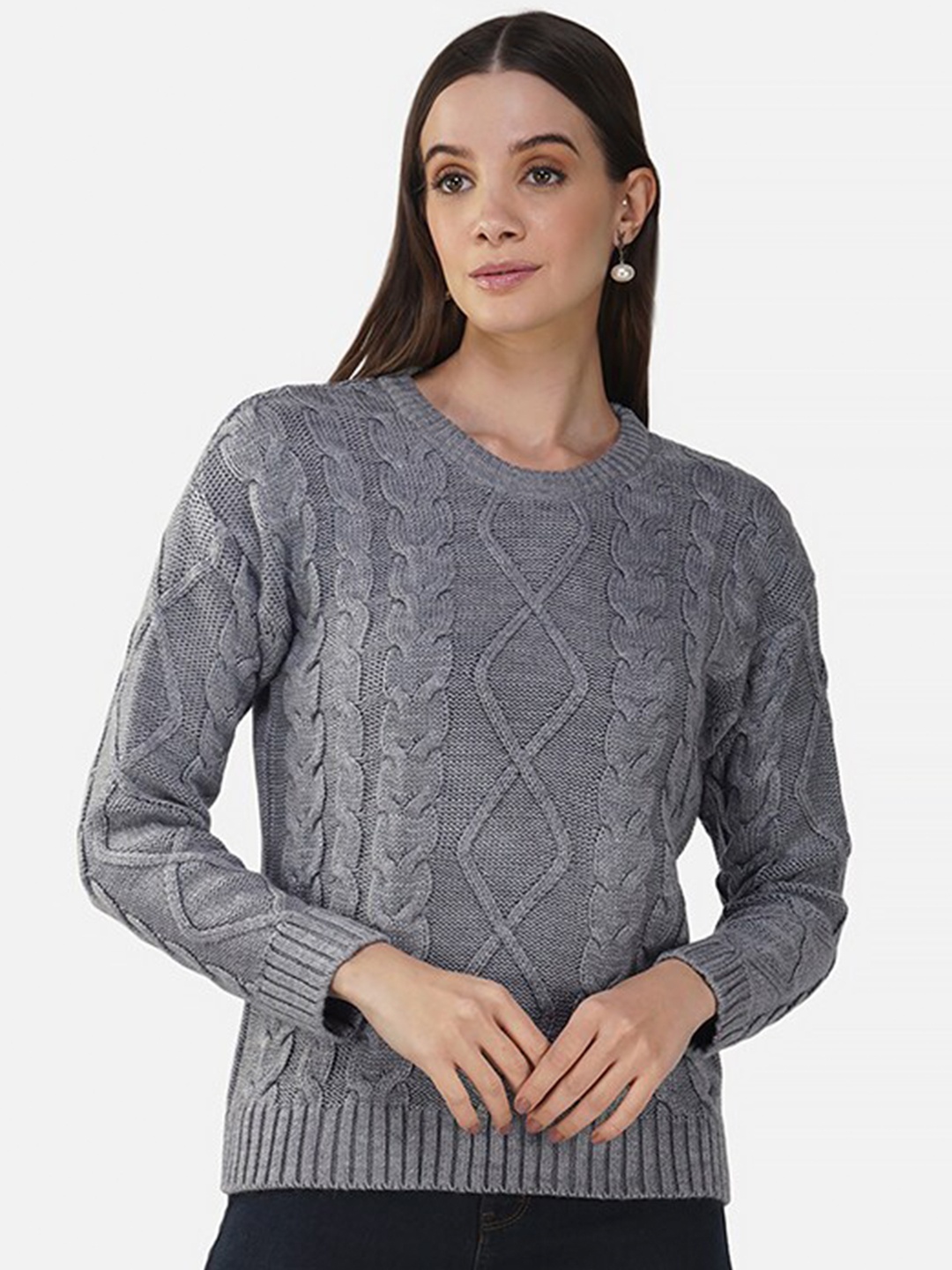 

Chemistry Cable Knit Self Design Acrylic Pullover Sweater, Grey