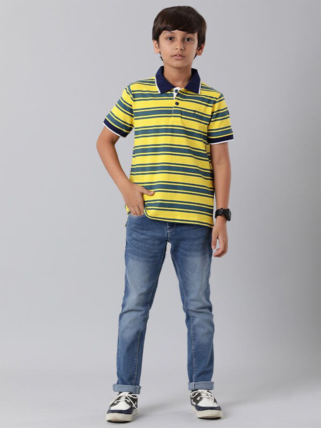 

Indian Terrain Boys Striped Polo Collar Cotton T-shirt, Yellow