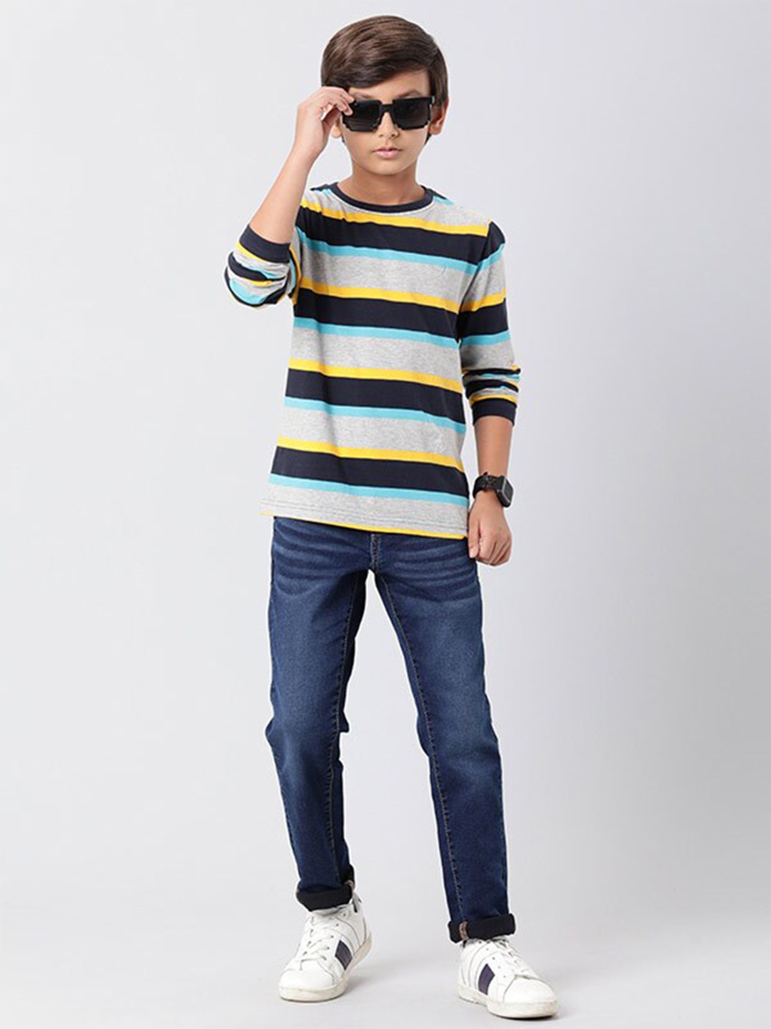 

Indian Terrain Boys Striped Pure Cotton T-Shirt, Grey