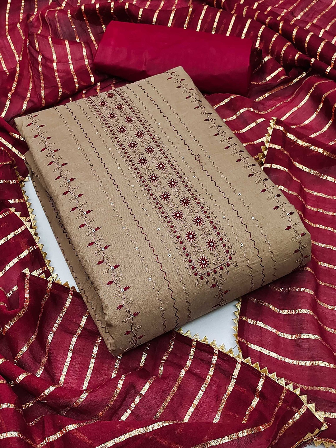

KALINI Floral Embroidered Unstitched Dress Material, Beige