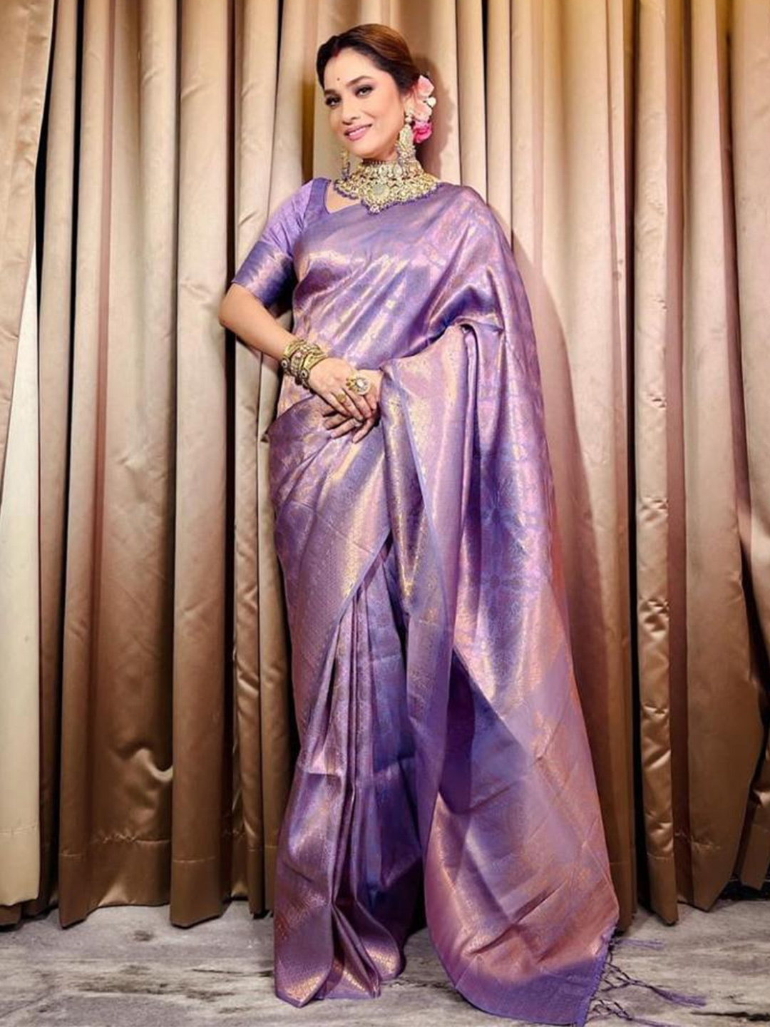 

DIVASTRI Ethnic Woven Design Pure Silk Designer Kanjeevaram Saree, Purple