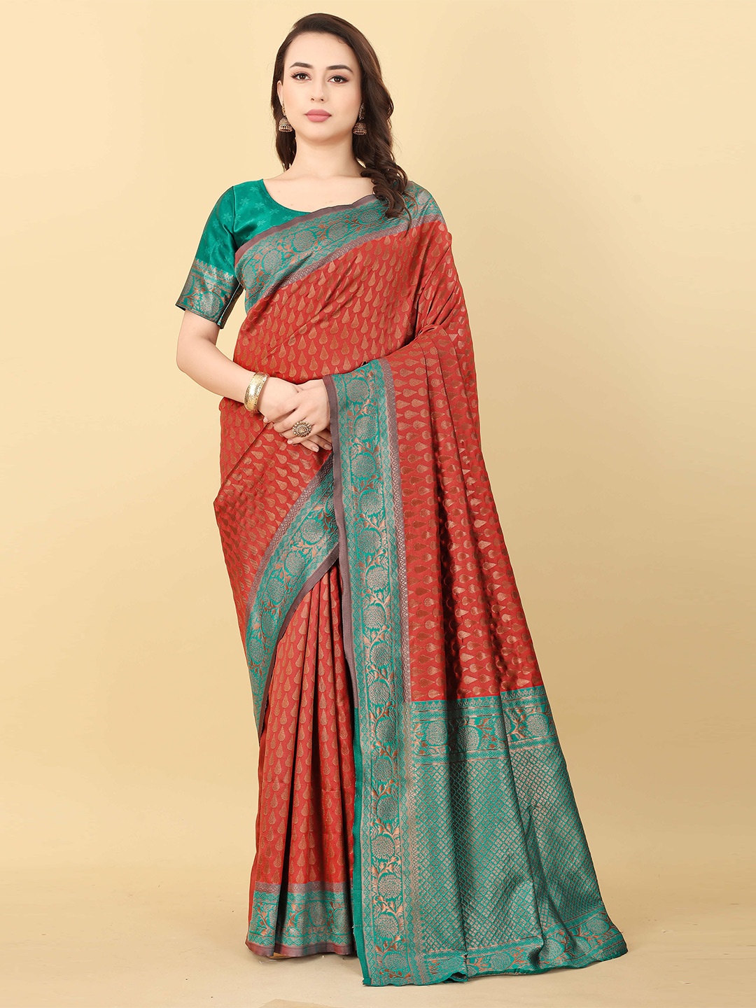 

DIVASTRI Ethnic Woven Design Pure Silk Designer Kanjeevaram Saree, Red