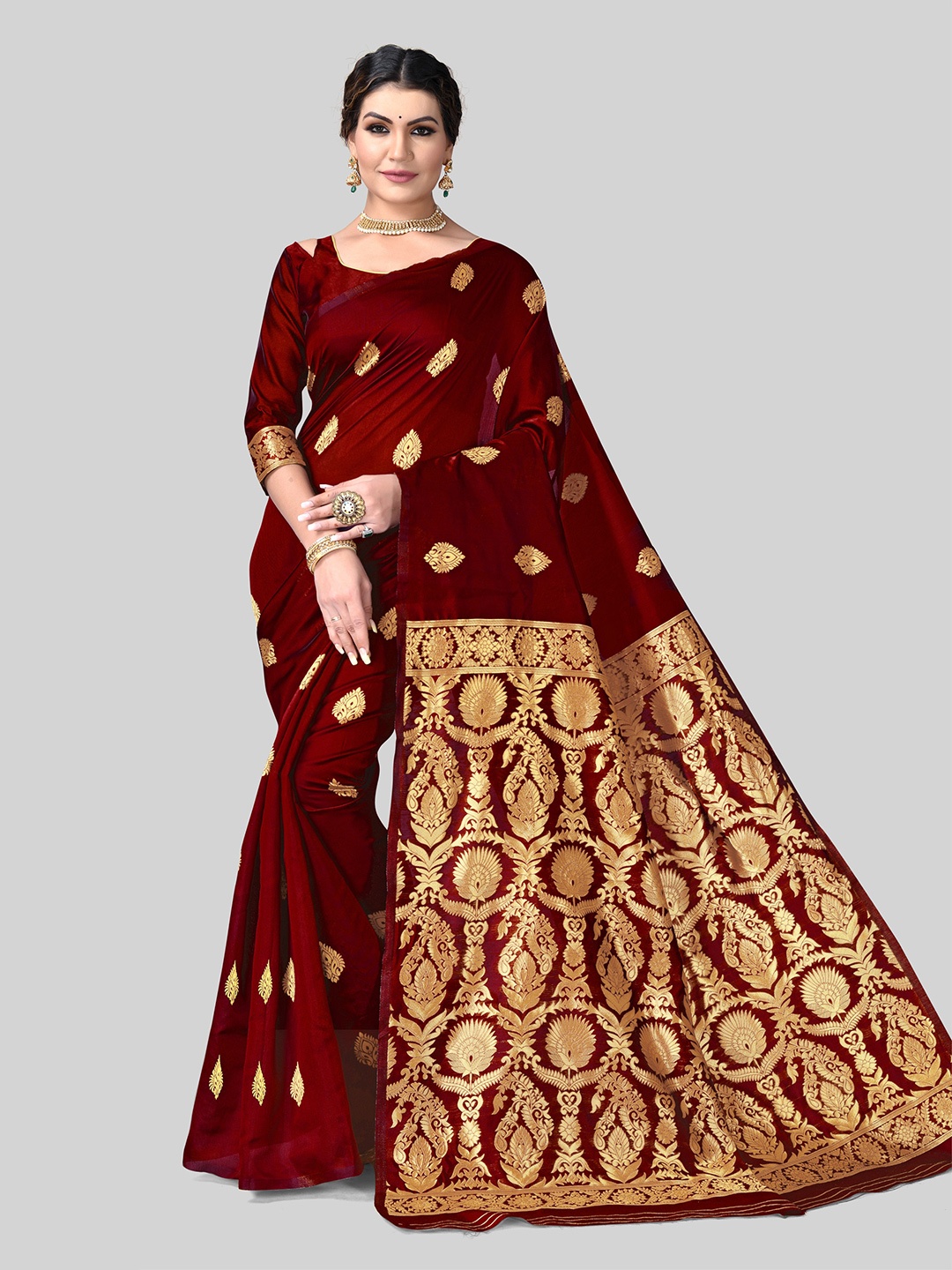 

DIVASTRI Ethnic Motif Woven Design Kanjeevaram Pure Silk Zari Saree, Maroon