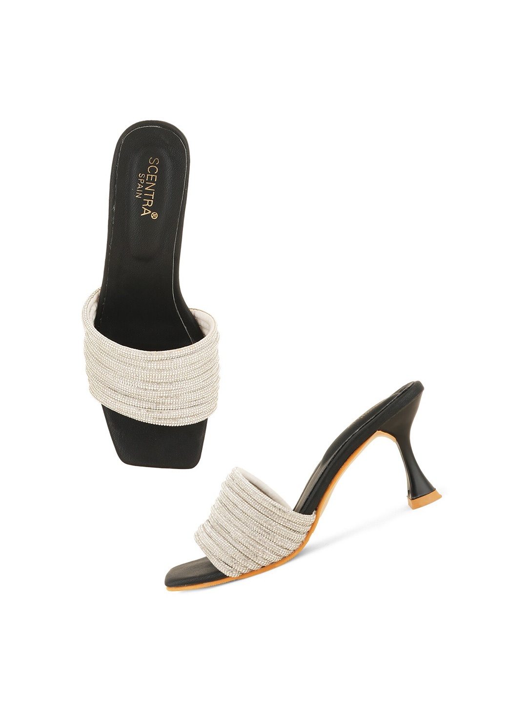

SCENTRA Embellished Open Toe Slim Heels, Black