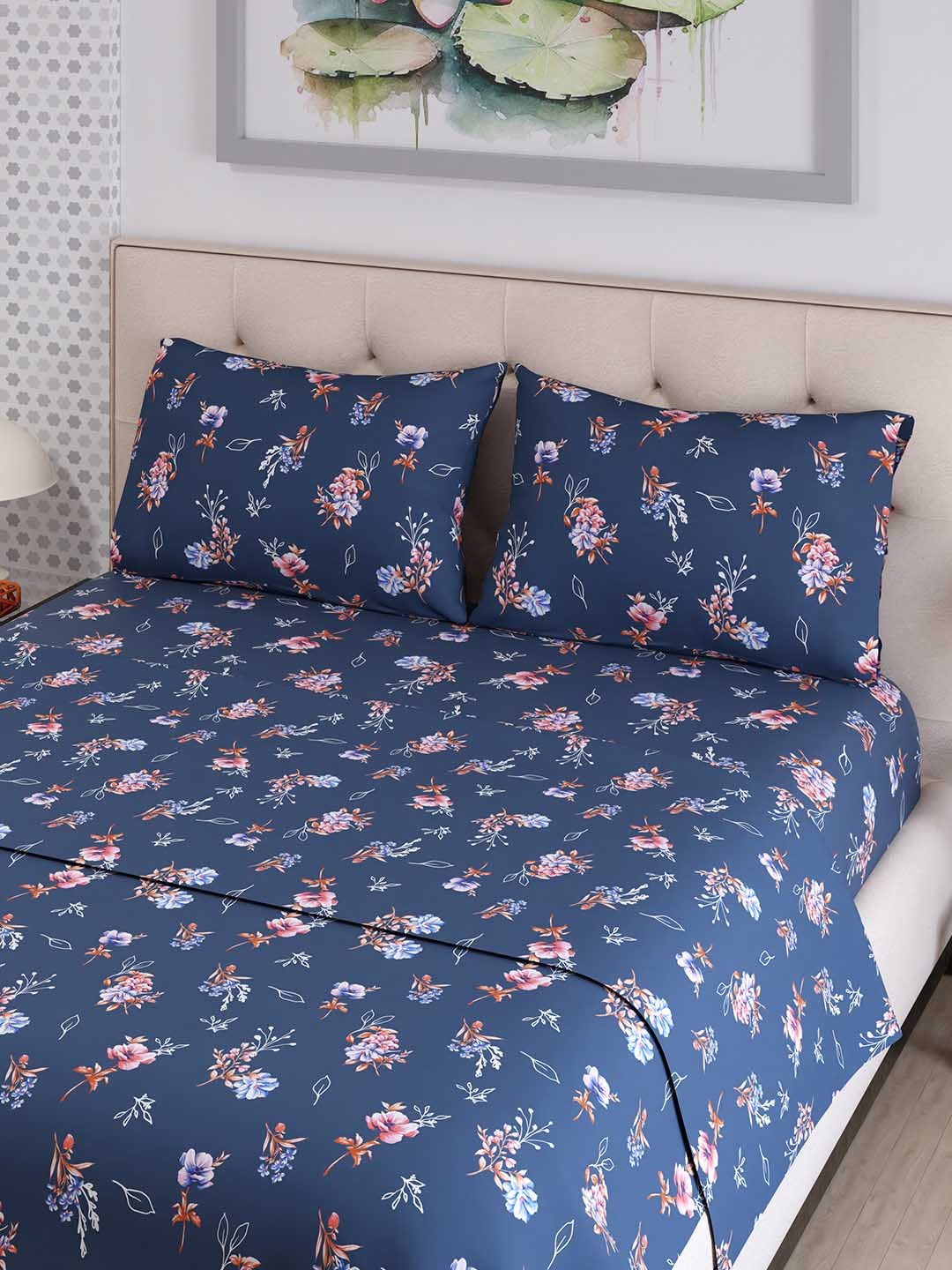 

Layers Emaline Blue Floral Cotton 144 TC King Bedsheet with 2 Pillow Covers